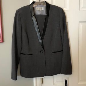 Tahari dark grey suit with leather detail, NWT